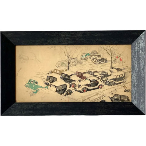 American School Watercolor Drawing, Snow Covered Cars Cityscape
