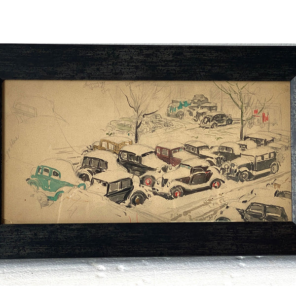 American School Watercolor Drawing, Snow Covered Cars Cityscape