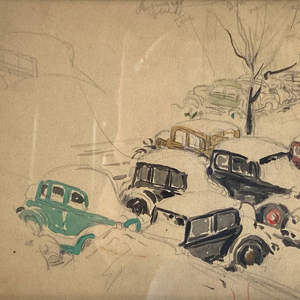American School Watercolor Drawing, Snow Covered Cars Cityscape