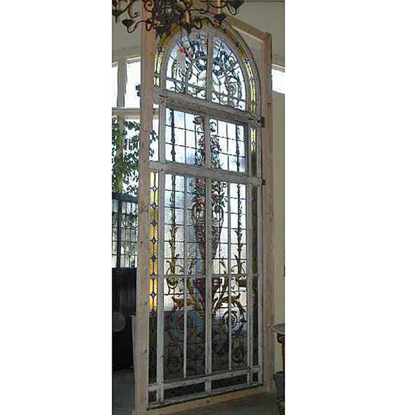 Tall Argentine Painted, Stained and Leaded Glass Steel Frame Arched Window