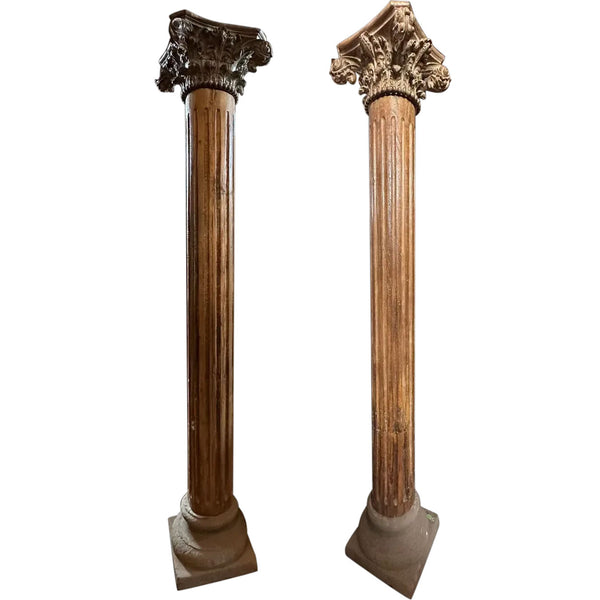 Pair Very Large Anglo Indian Teak and Limestone Architectural Pillars