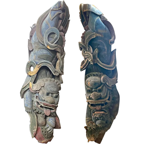 Pair of Chinese Jiangxi Painted Cypress Foo Dogs Architectural Brackets