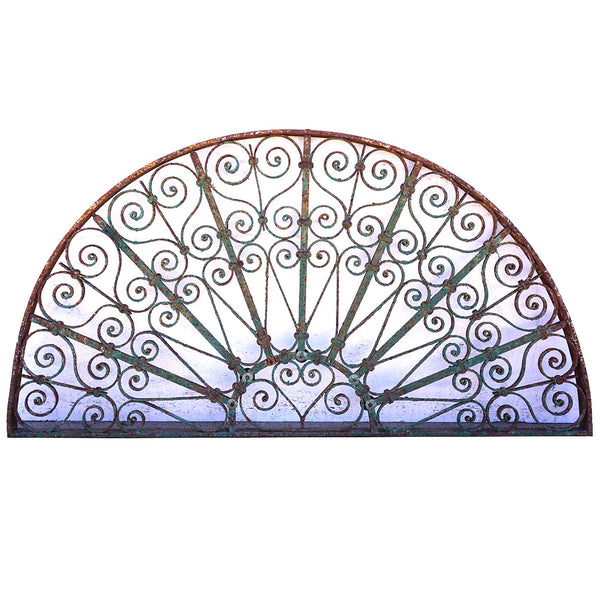 French Colonial Green Painted Wrought Iron Arched Architectural Transom