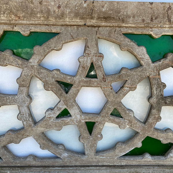 Moorish Style Pine Fretwork and Stained Glass Transom Window