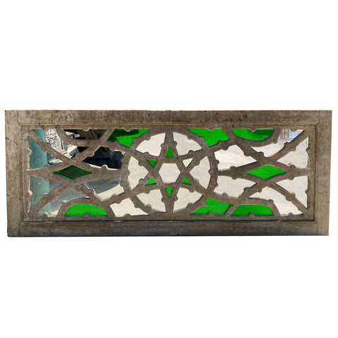 Moorish Style Pine Fretwork and Stained Glass Transom Window