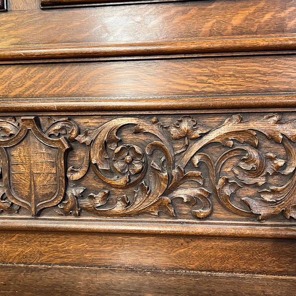 American Jacobean Revival Oak and Limestone Trumeau Fireplace Surround