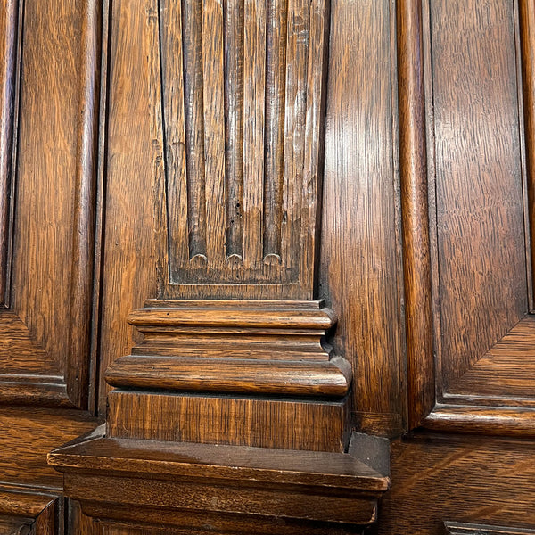 American Jacobean Revival Oak and Limestone Trumeau Fireplace Surround