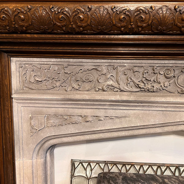 American Jacobean Revival Oak and Limestone Trumeau Fireplace Surround