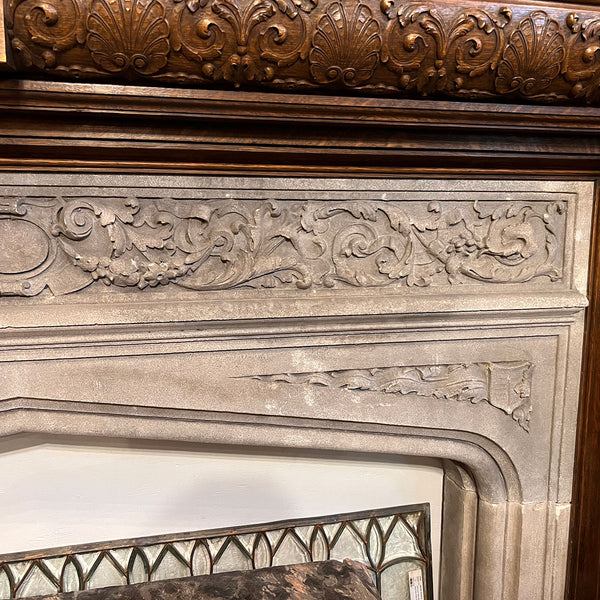 American Jacobean Revival Oak and Limestone Trumeau Fireplace Surround