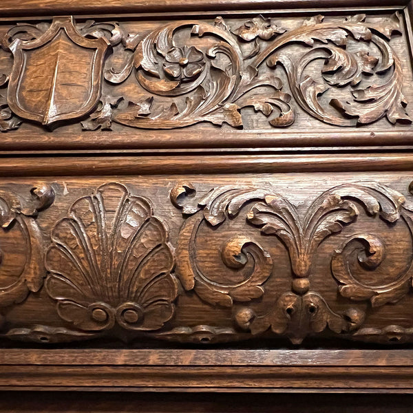 American Jacobean Revival Oak and Limestone Trumeau Fireplace Surround