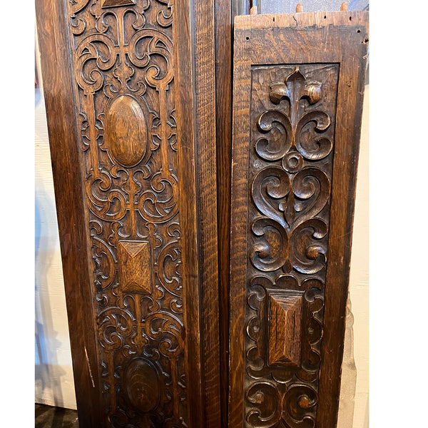 American Jacobean Revival Oak and Limestone Trumeau Fireplace Surround