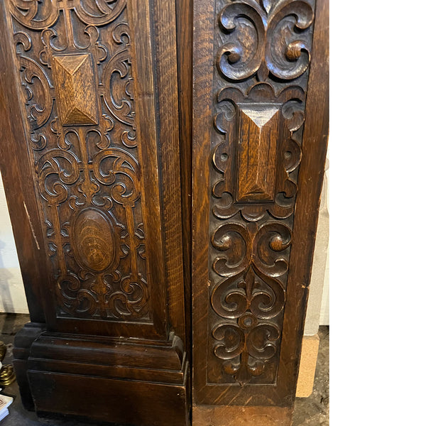 American Jacobean Revival Oak and Limestone Trumeau Fireplace Surround