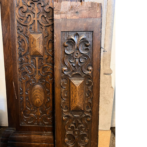 American Jacobean Revival Oak and Limestone Trumeau Fireplace Surround