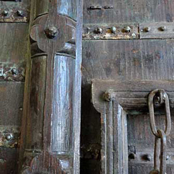 Grand Indo-Portuguese Iron Mounted Painted Teak Double Door Gate