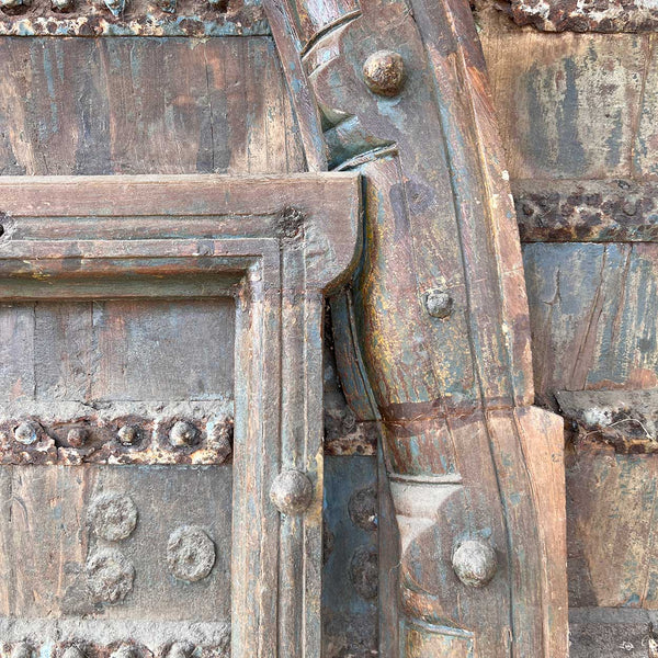 Grand Indo-Portuguese Iron Mounted Painted Teak Double Door Gate
