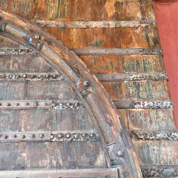 Grand Indo-Portuguese Iron Mounted Painted Teak Double Door Gate