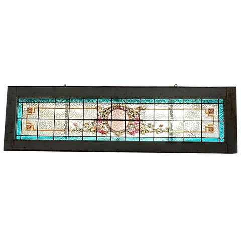 Argentine Mahogany Stained, Leaded and Painted Glass Transom Window