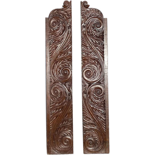 Pair Large Indian Hand Carved Solid Rosewood Architectural Panels