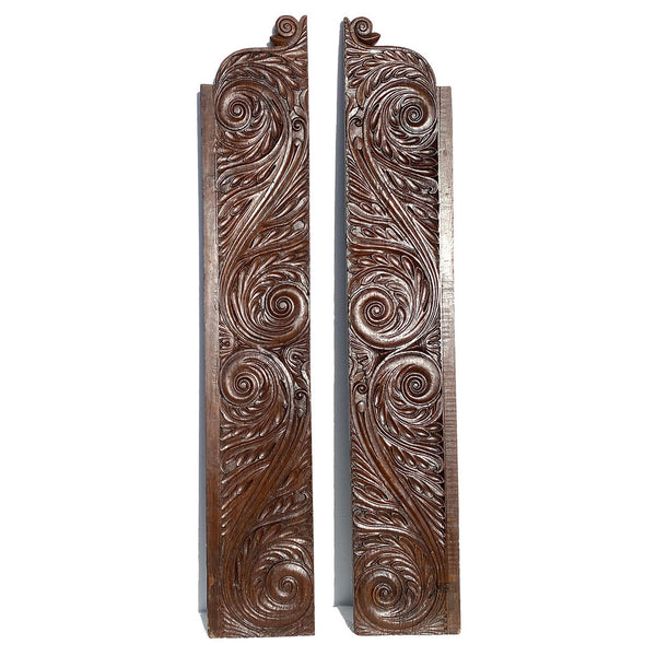 Pair Large Indian Hand Carved Solid Rosewood Architectural Panels