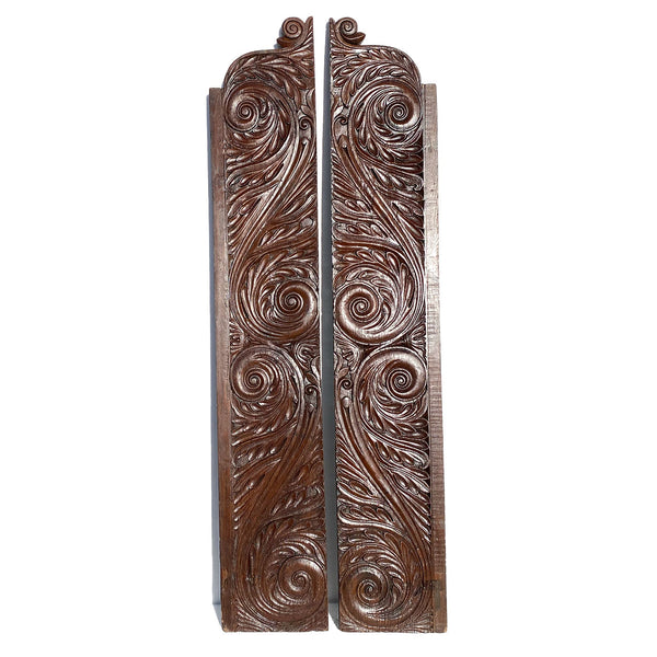 Pair Large Indian Hand Carved Solid Rosewood Architectural Panels