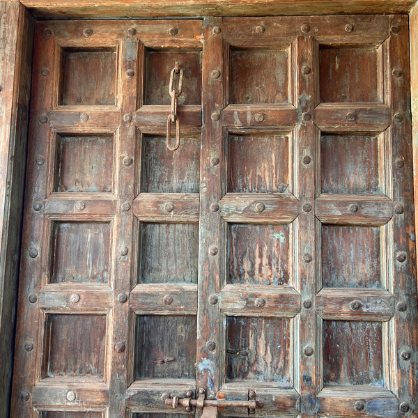 Indo-Portuguese Iron Nailhead Painted Teak Double Door with Frame