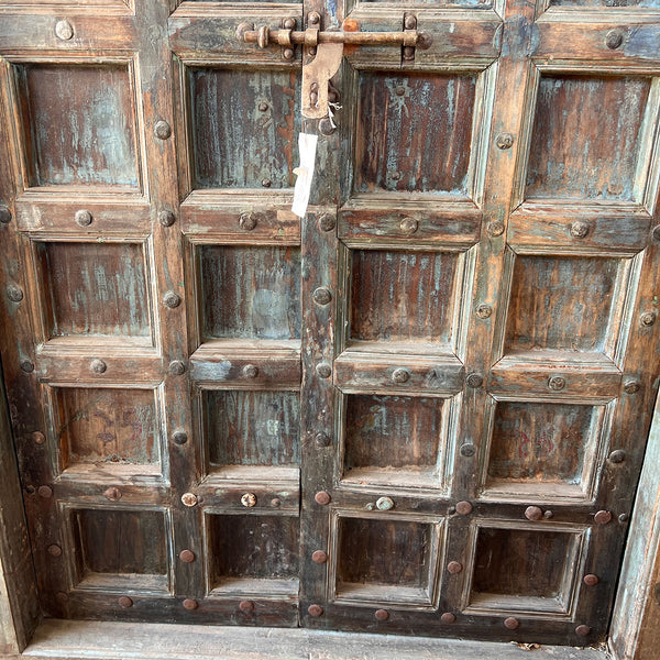 Indo-Portuguese Iron Nailhead Painted Teak Double Door with Frame