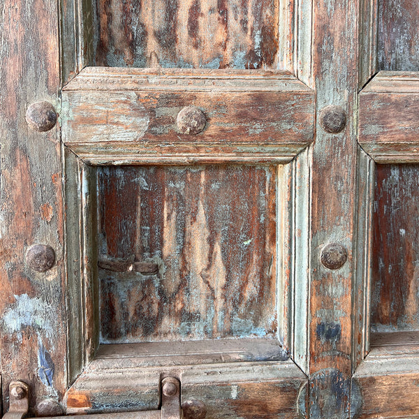 Indo-Portuguese Iron Nailhead Painted Teak Double Door with Frame