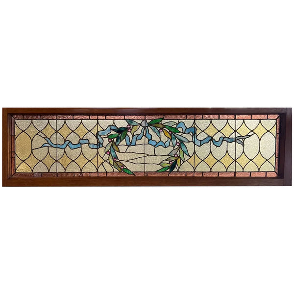 Large American Stained, Jewelled, Leaded Glass Wreath and Ribbon Transom Window