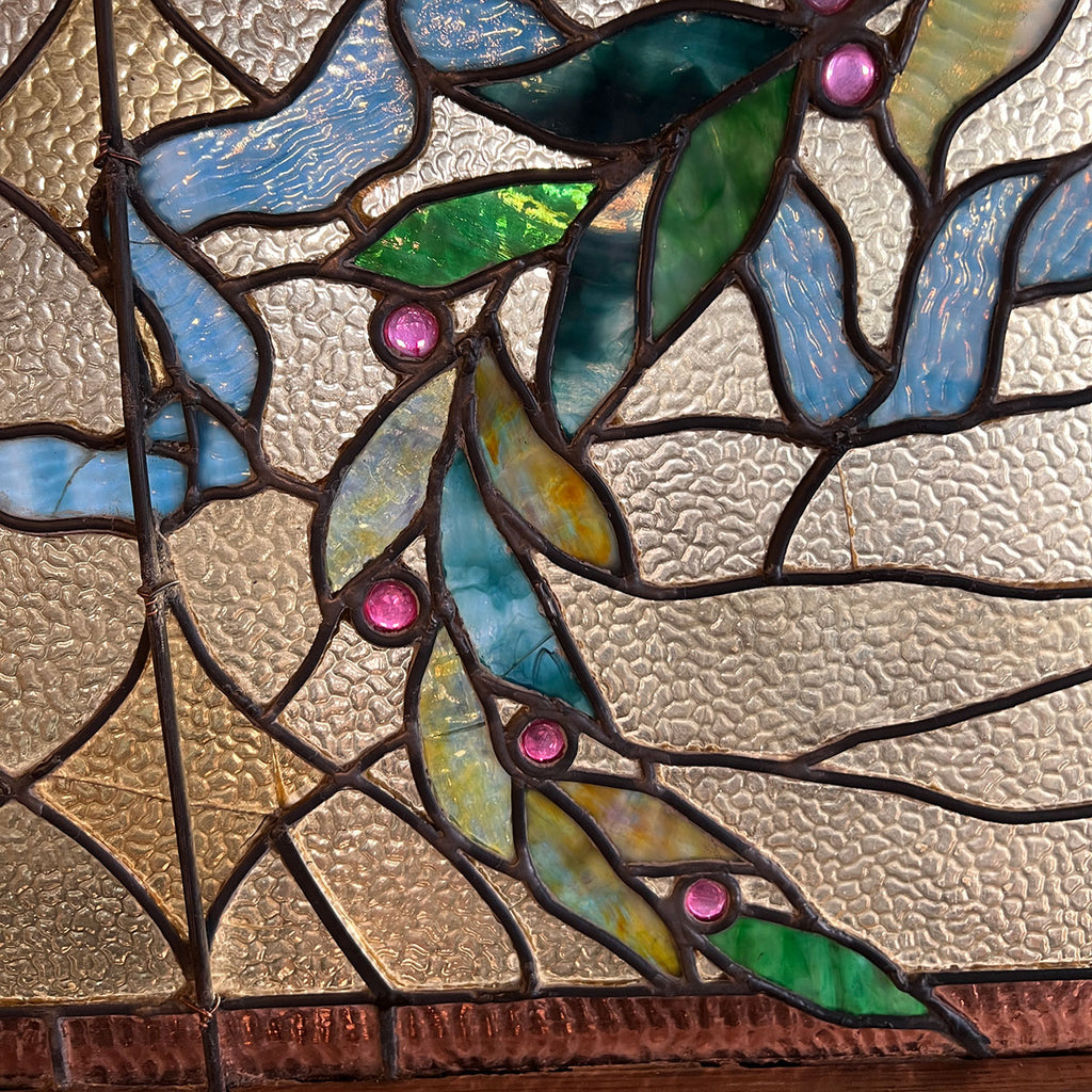 Large American Stained, Jewelled, Leaded Glass Wreath and Ribbon ...