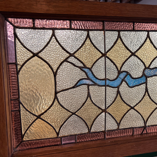 Large American Stained, Jewelled, Leaded Glass Wreath and Ribbon Transom Window