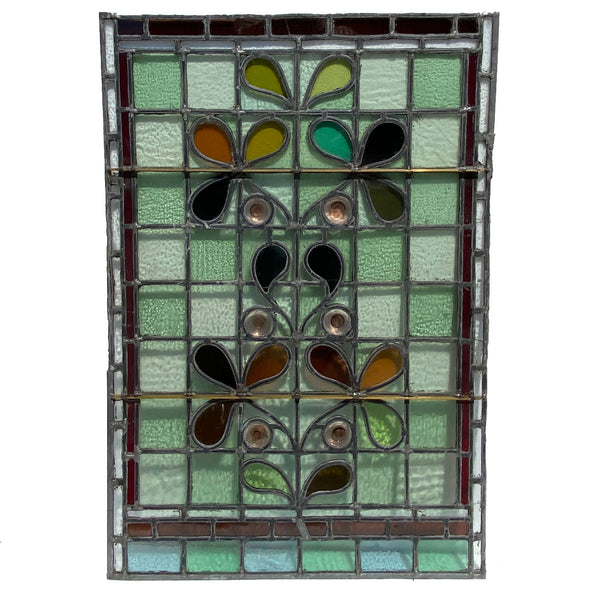 Pair English Aesthetic Movement Stained and Leaded Glass Leaf and Berry Windows