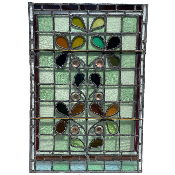 Pair English Aesthetic Movement Stained and Leaded Glass Leaf and Berry Windows