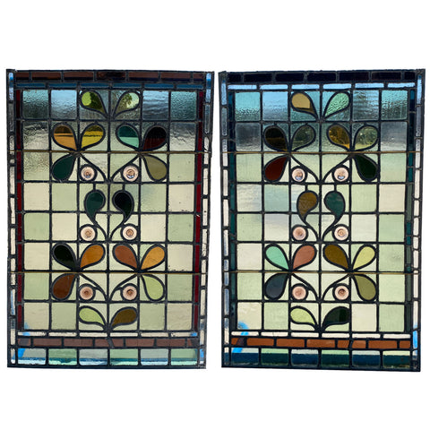 Pair English Aesthetic Movement Stained and Leaded Glass Leaf and Berry Windows