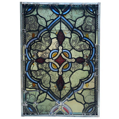 English Gothic Revival Leaded, Stained and Pressed Glass Rectangular Window