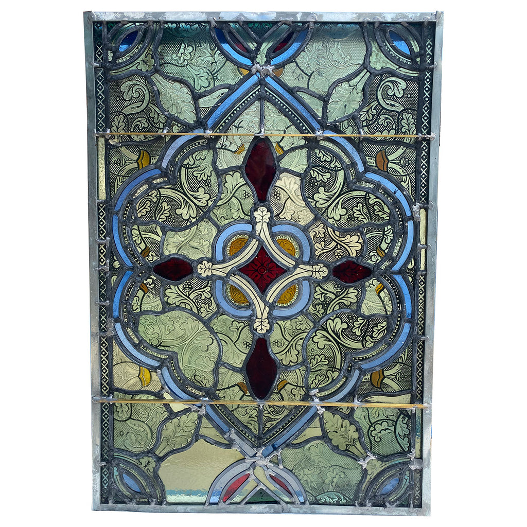 English Gothic Revival Leaded, Stained and Pressed Glass Rectangular Window
