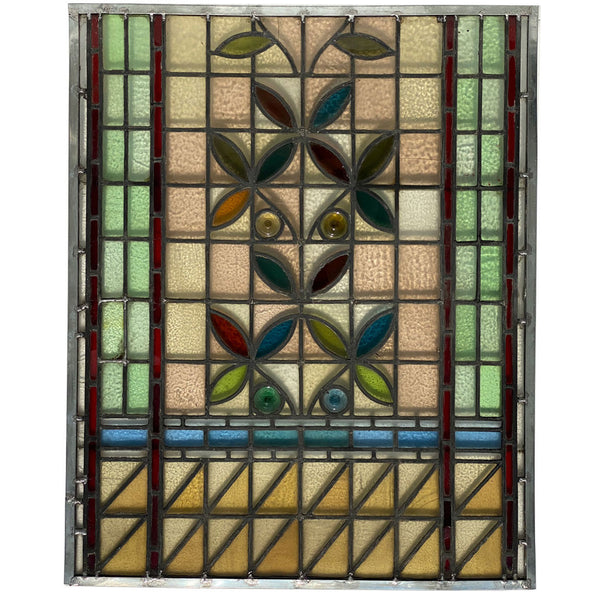 Set Two English Aesthetic Movement Stained and Leaded Glass Leaf and Berry Windows