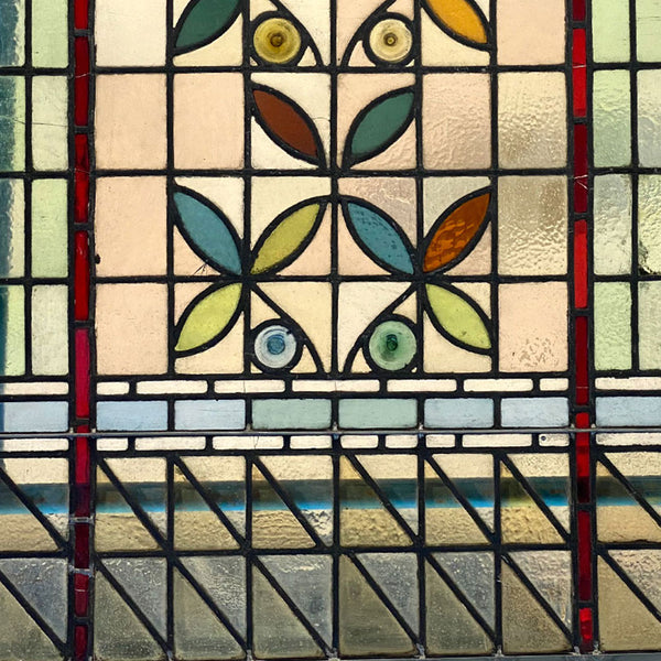 Set Two English Aesthetic Movement Stained and Leaded Glass Leaf and Berry Windows