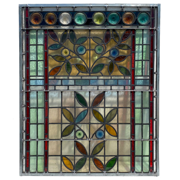 Set Two English Aesthetic Movement Stained and Leaded Glass Leaf and Berry Windows