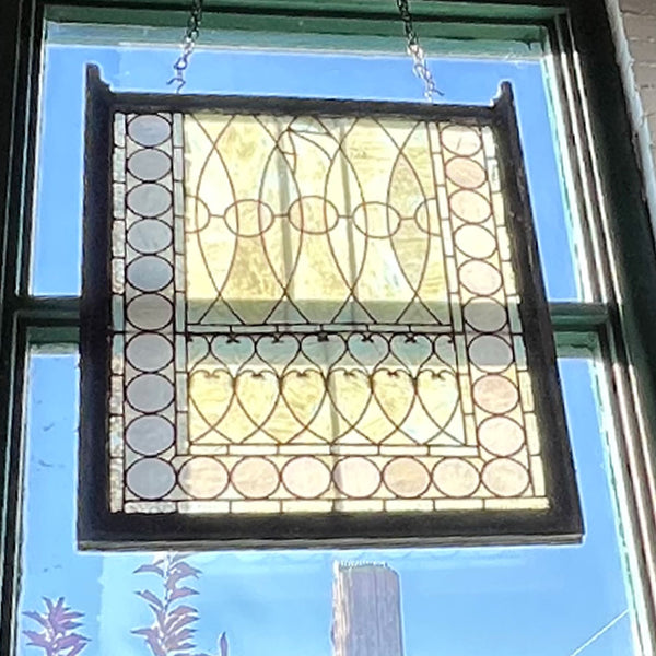 American Tiffany Studios Stained, Leaded Opalescent Glass Pine Frame Sash Window