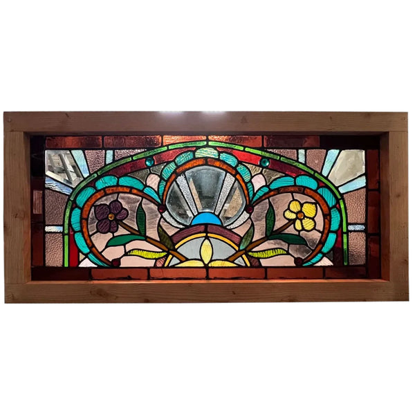 American Wells Art Glass Co. Stained, Jeweled, Leaded Glass Transom Window