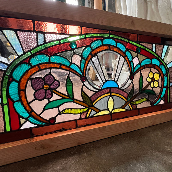 American Wells Art Glass Co. Stained, Jeweled, Leaded Glass Transom Window