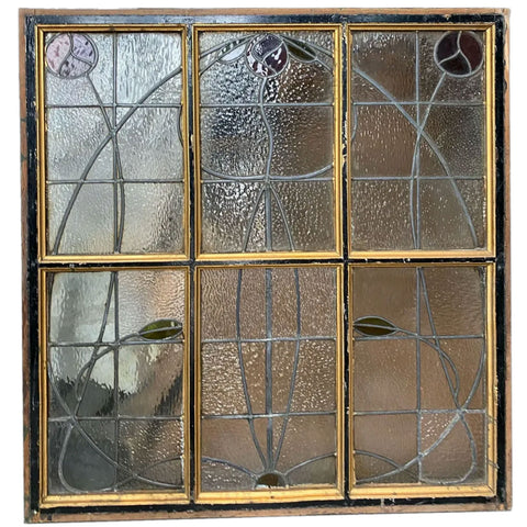 British Art Nouveau Stained and Leaded Glass Pine Frame Floral Window