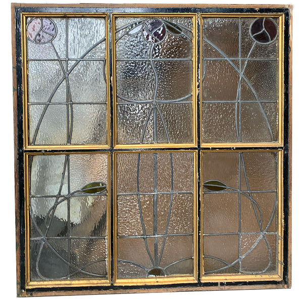 British Art Nouveau Stained and Leaded Glass Pine Frame Floral Window