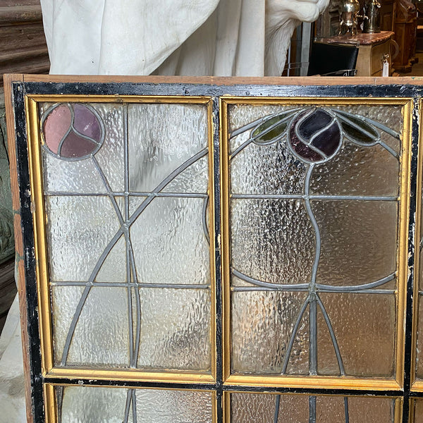 British Art Nouveau Stained and Leaded Glass Pine Frame Floral Window