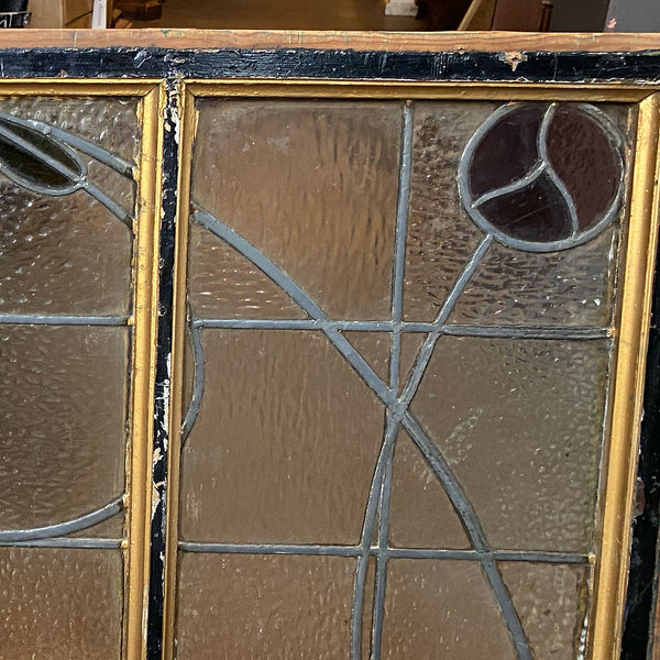 British Art Nouveau Stained and Leaded Glass Pine Frame Floral Window