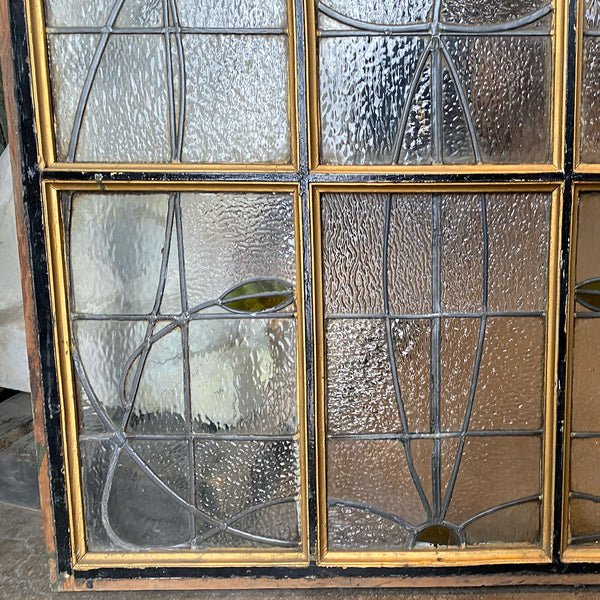 British Art Nouveau Stained and Leaded Glass Pine Frame Floral Window