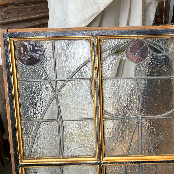 British Art Nouveau Stained and Leaded Glass Pine Frame Floral Window