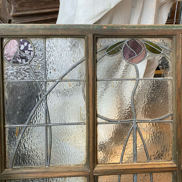 British Art Nouveau Stained and Leaded Glass Pine Frame Floral Window