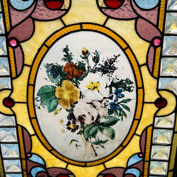 Large American Victorian Stained, Painted, Jewelled and Leaded Glass Window