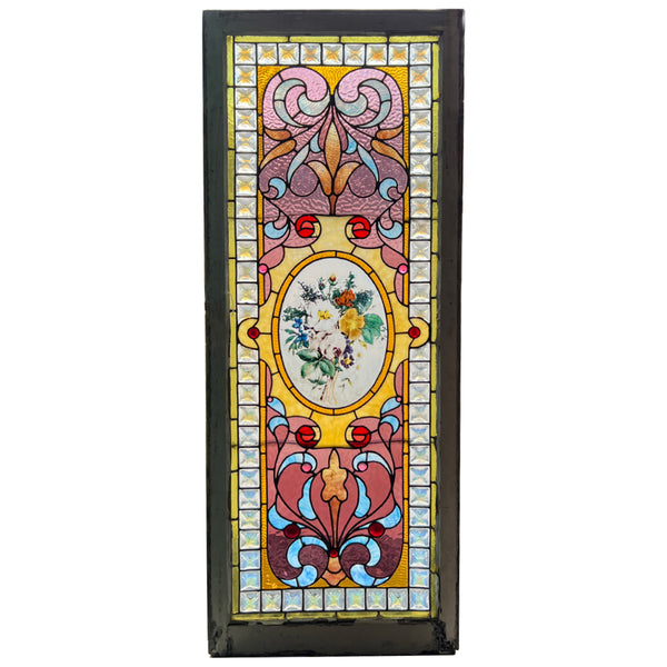 Large American Victorian Stained, Painted, Jewelled and Leaded Glass Window